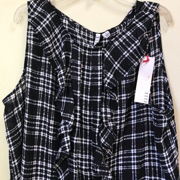 Elle NEW Check Cascade Ruffle Blouse Top Lightweight Shirt Sheer Flowy Crew L - Picture 3 of 12